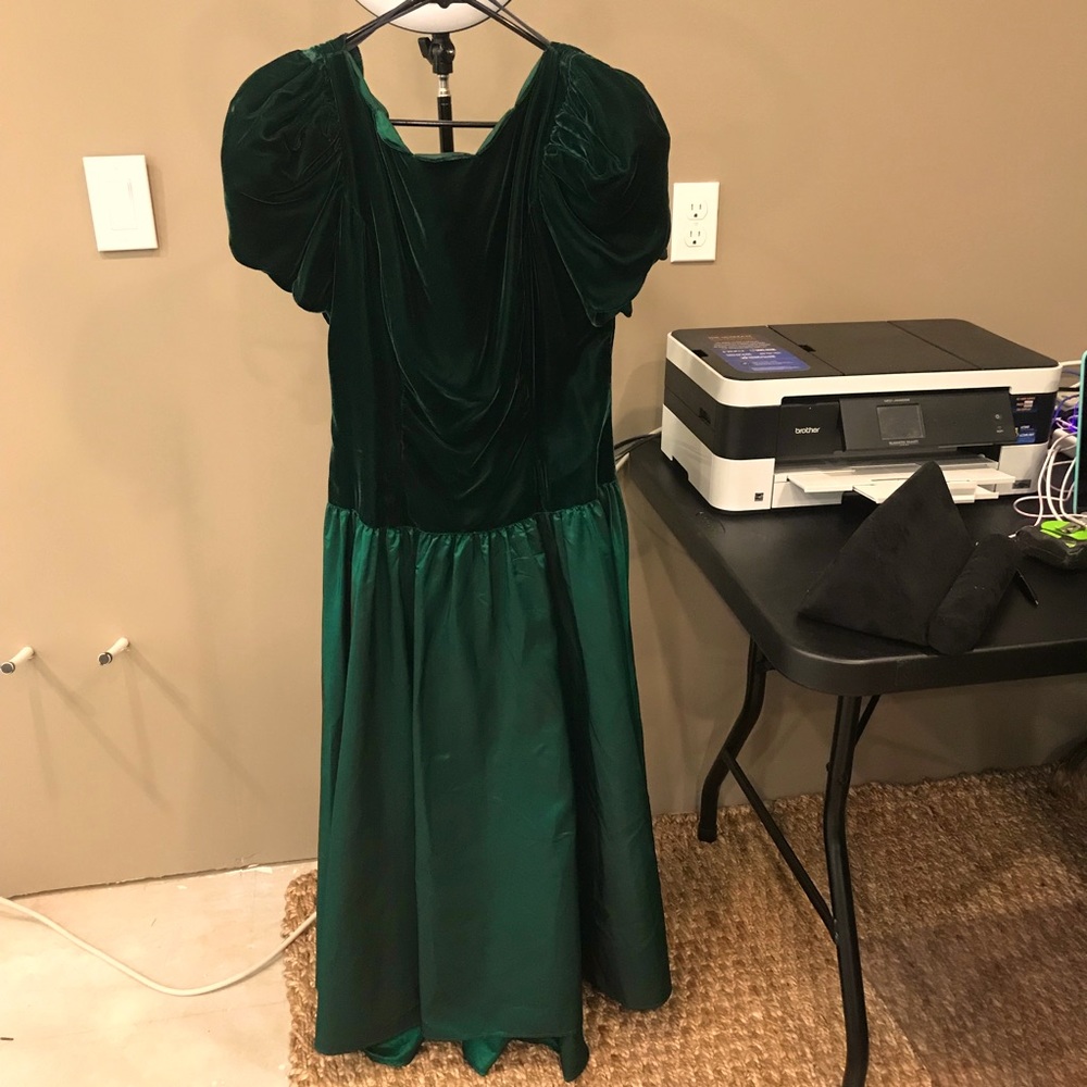 Emerald Green Tea Length Velvet-Topped Dress